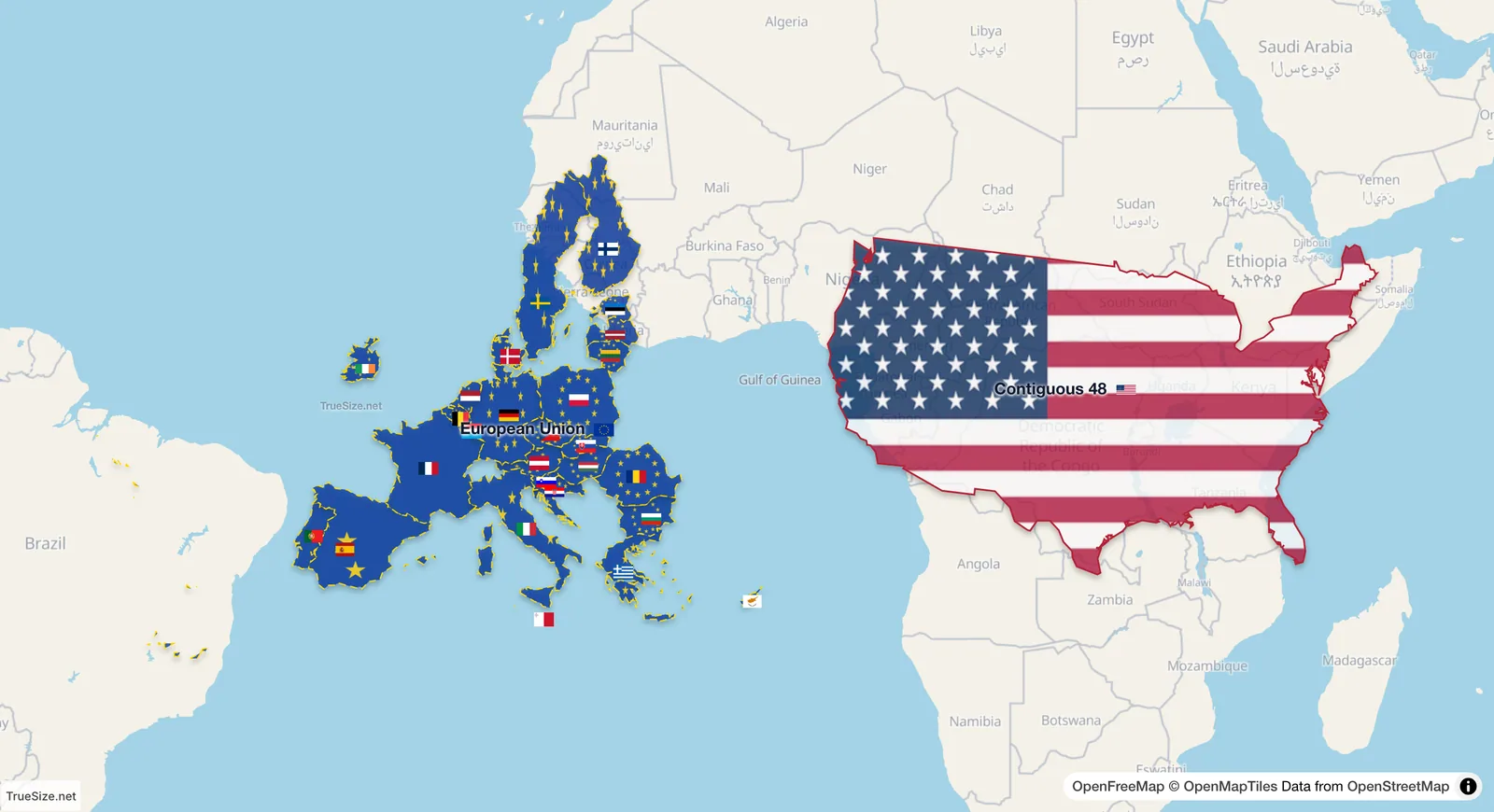 The European Union and the 48 contiguous US states side by side on the equator in TrueSize