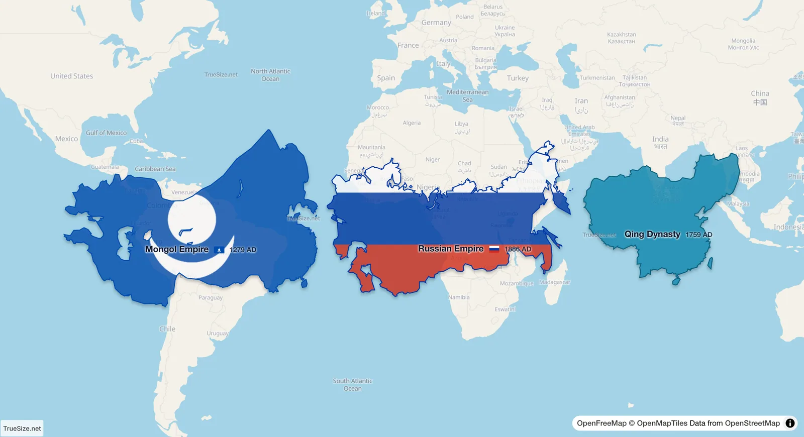 Ang Mongol Empire noong 1279, ang Russian Empire noong 1895, at ang Qing dynasty noong 1759 na magkatabi sa ekwador sa tunay na sukat