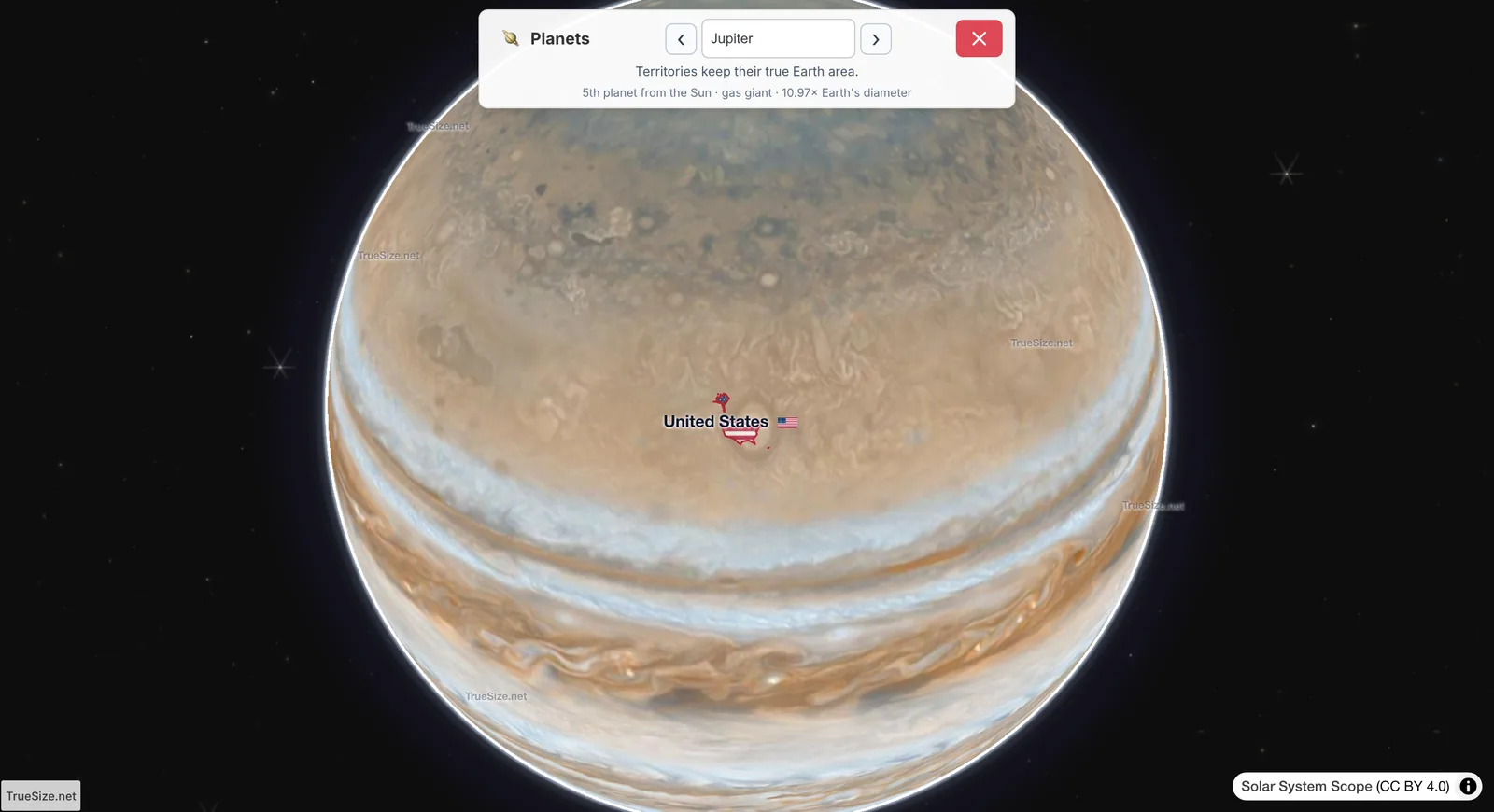 Spojené státy ve skutečné velikosti na Jupiteru, ještě menší než na Saturnu