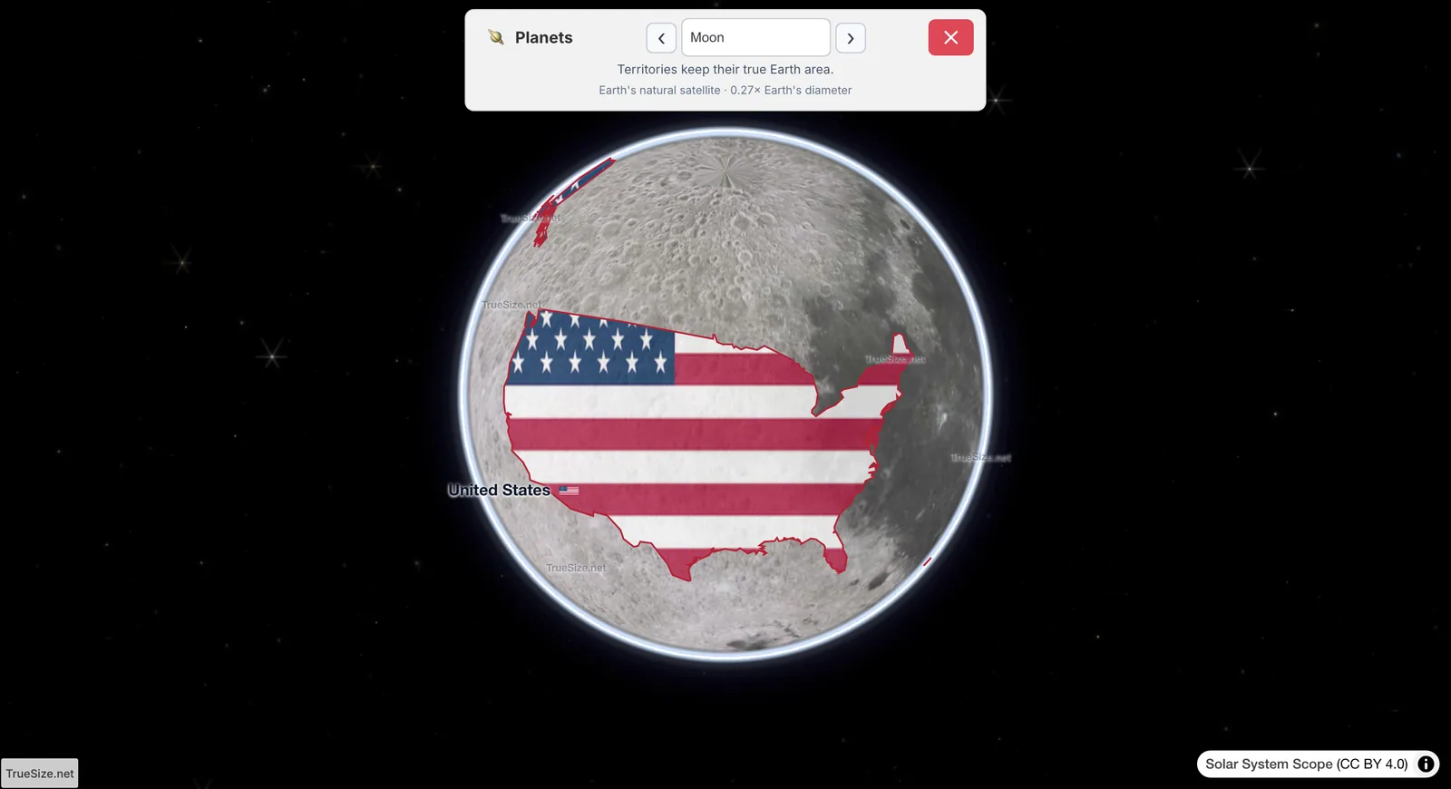 Združene države Amerike prikazane v pravi velikosti na Luni, pokrivajo približno četrtino lunine površine