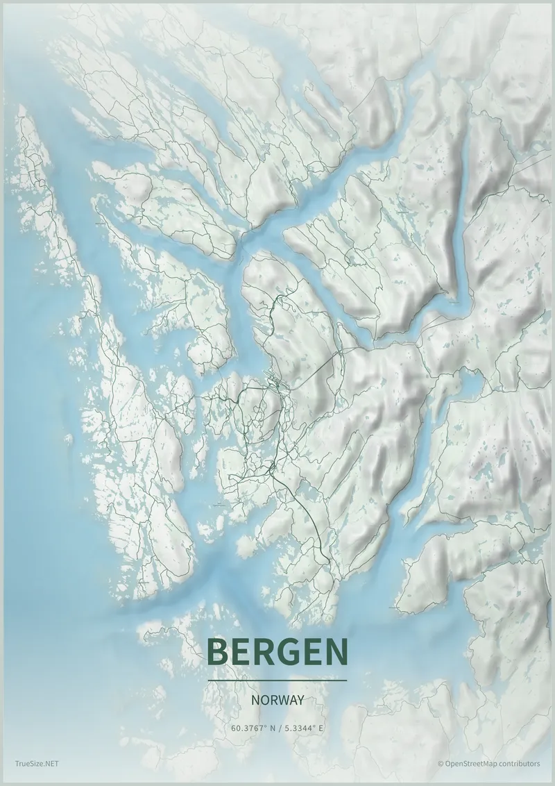 Pòster del mapa de Bergen, Noruega, creat amb TrueSize