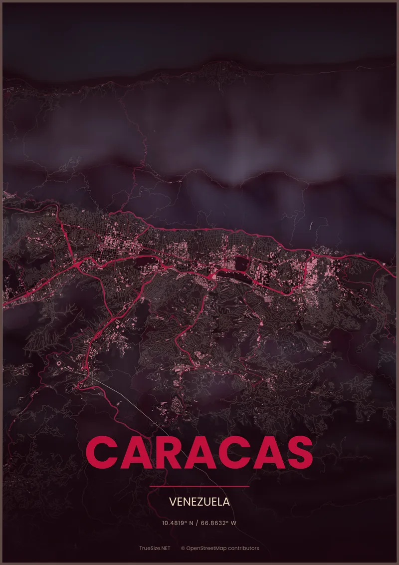 Pòster del mapa de Caracas, Veneçuela, creat amb TrueSize