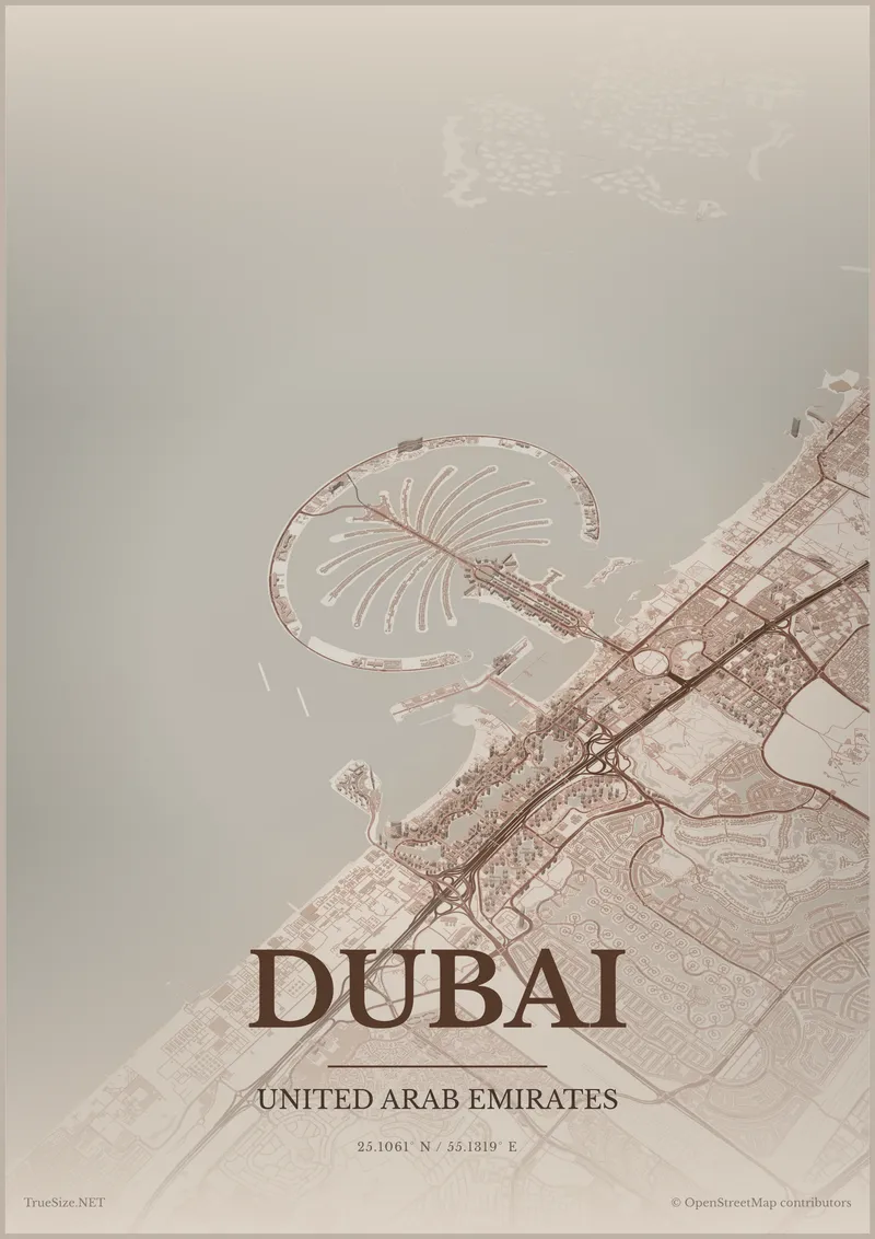 Pòster del mapa de Dubai, Emirats Àrabs Units, creat amb TrueSize