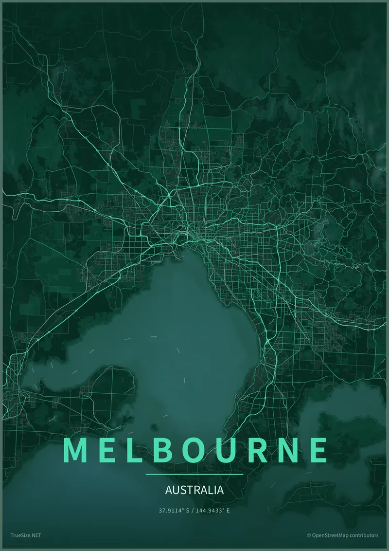 Pòster del mapa de Melbourne, Austràlia, creat amb TrueSize