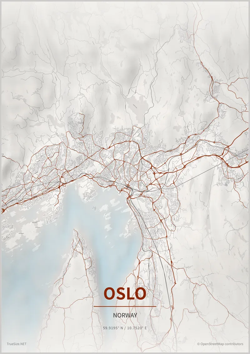Pòster del mapa d'Oslo, Noruega, creat amb TrueSize