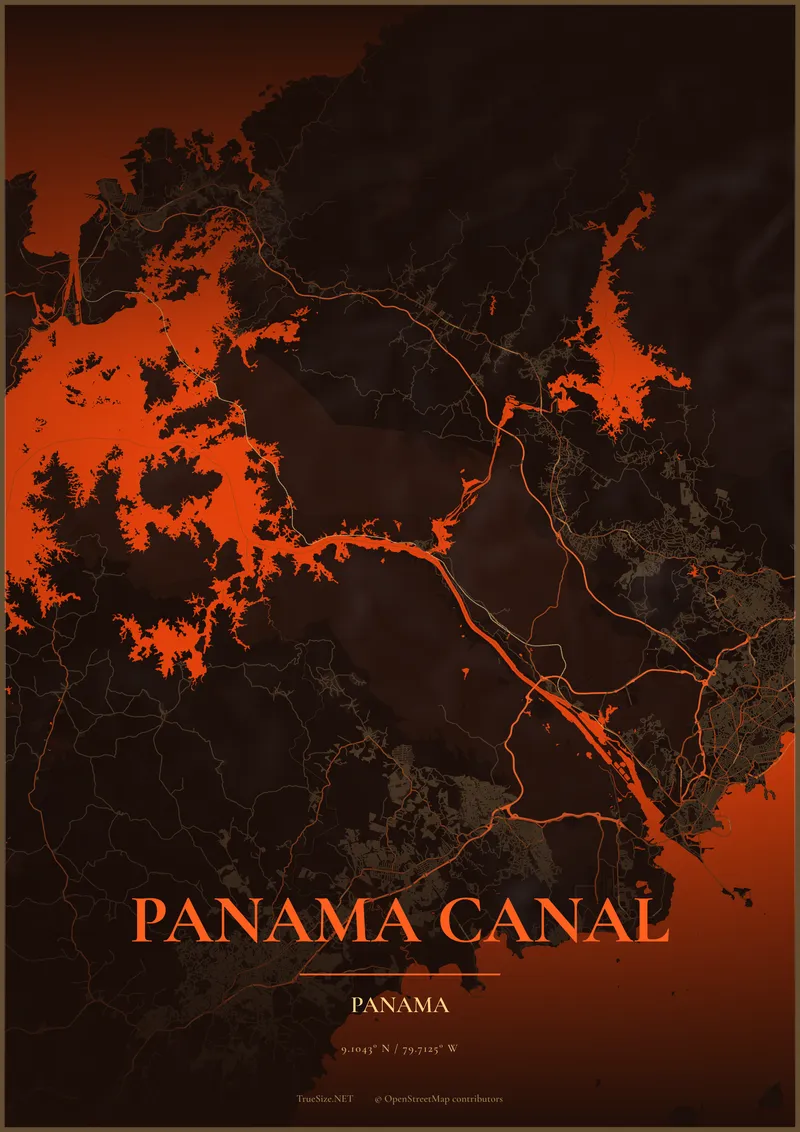Pòster del mapa del Canal de Panamà, Panamà, creat amb TrueSize