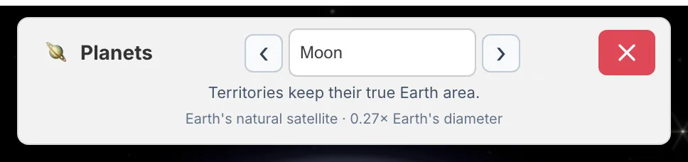 Selectorul de planete în TrueSize cu butoanele Previous, Next și Return to Earth