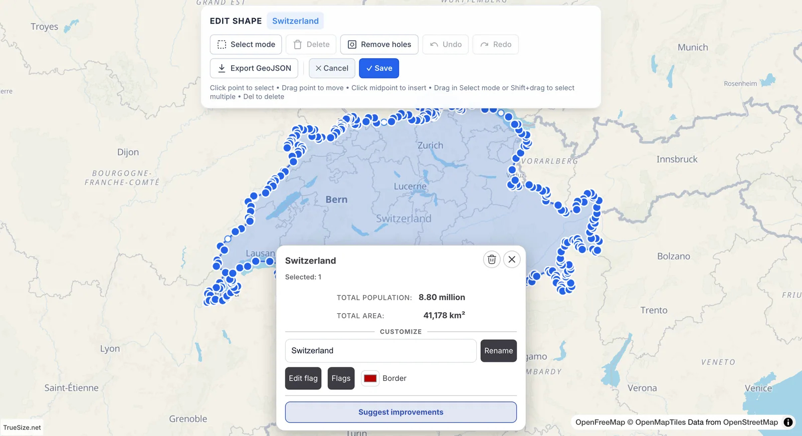 Formos redaktoriaus įrankių juosta ir regiono kontūras su redaguojamais taškais, skirtais šalies ribai keisti