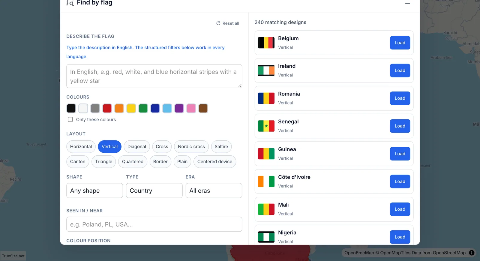 Flag finder color and layout filters used to narrow a flag search