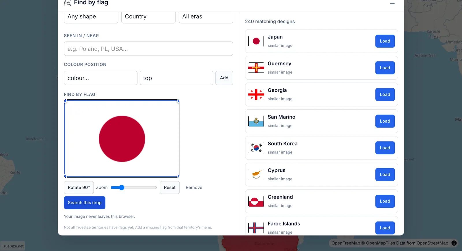 Flag identifier results for an uploaded picture of a white flag with a red disc, with Japan as the top match