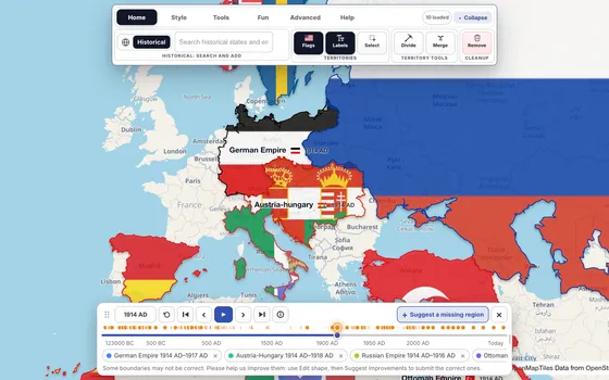 Avropanın tarixi sərhədləri xəritəsi, zaman xətti paneli açıq vəziyyətdə