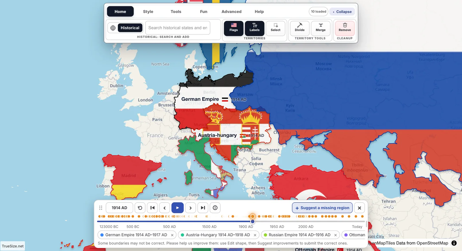 Harta e kufijve historikë të Evropës në vitin 1914 me panelin e kronologjisë TrueSize të hapur