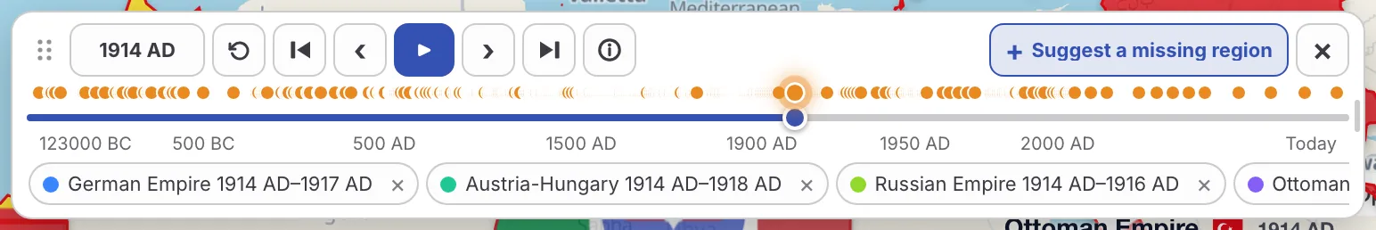 Pamje e afërt e panelit të kronologjisë historike të kufijve me rrëshqitësin e viteve dhe butonat e riprodhimit