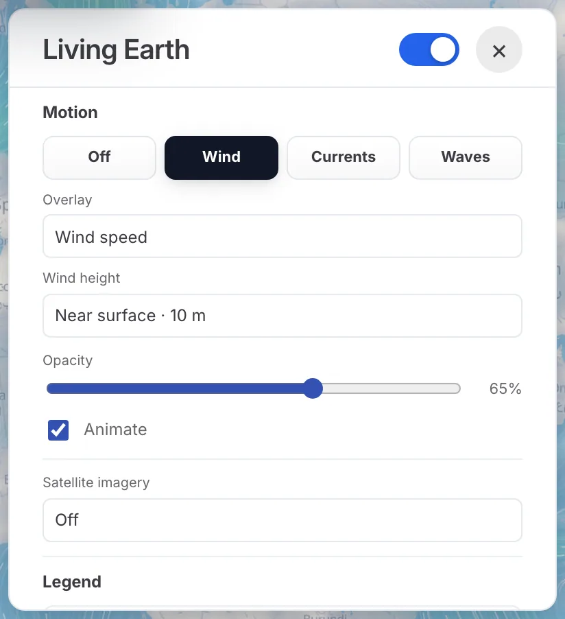 모션, 오버레이 및 위성 이미지 설정이 포함된 Living Earth 패널