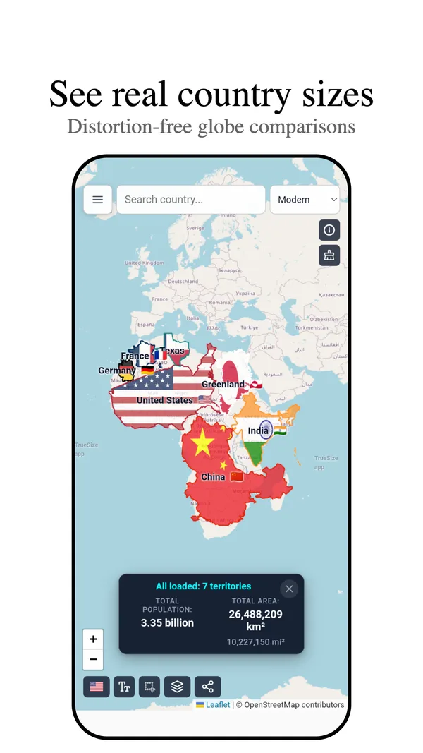 The TrueSize app on an Android phone with regions compared at true size