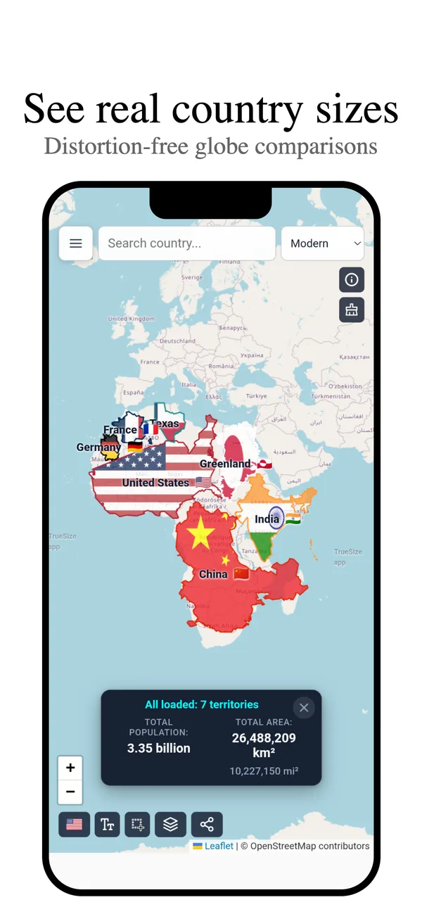 The TrueSize mobile app on iPhone showing countries compared at true size
