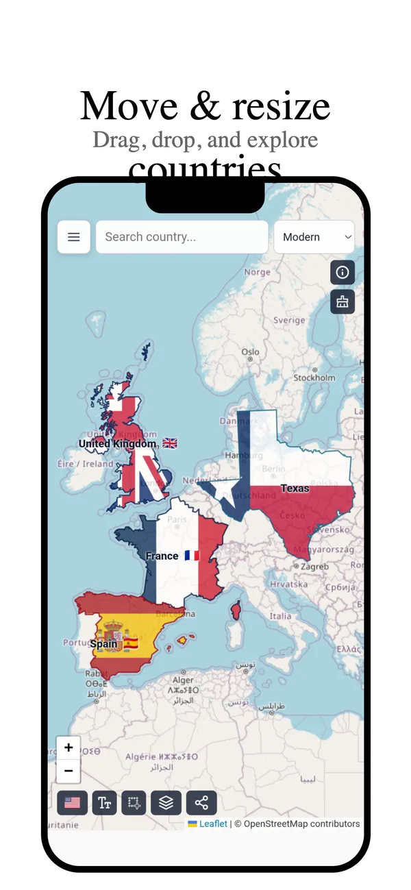 TrueSize mobile app screenshot with several regions loaded and moved on the map