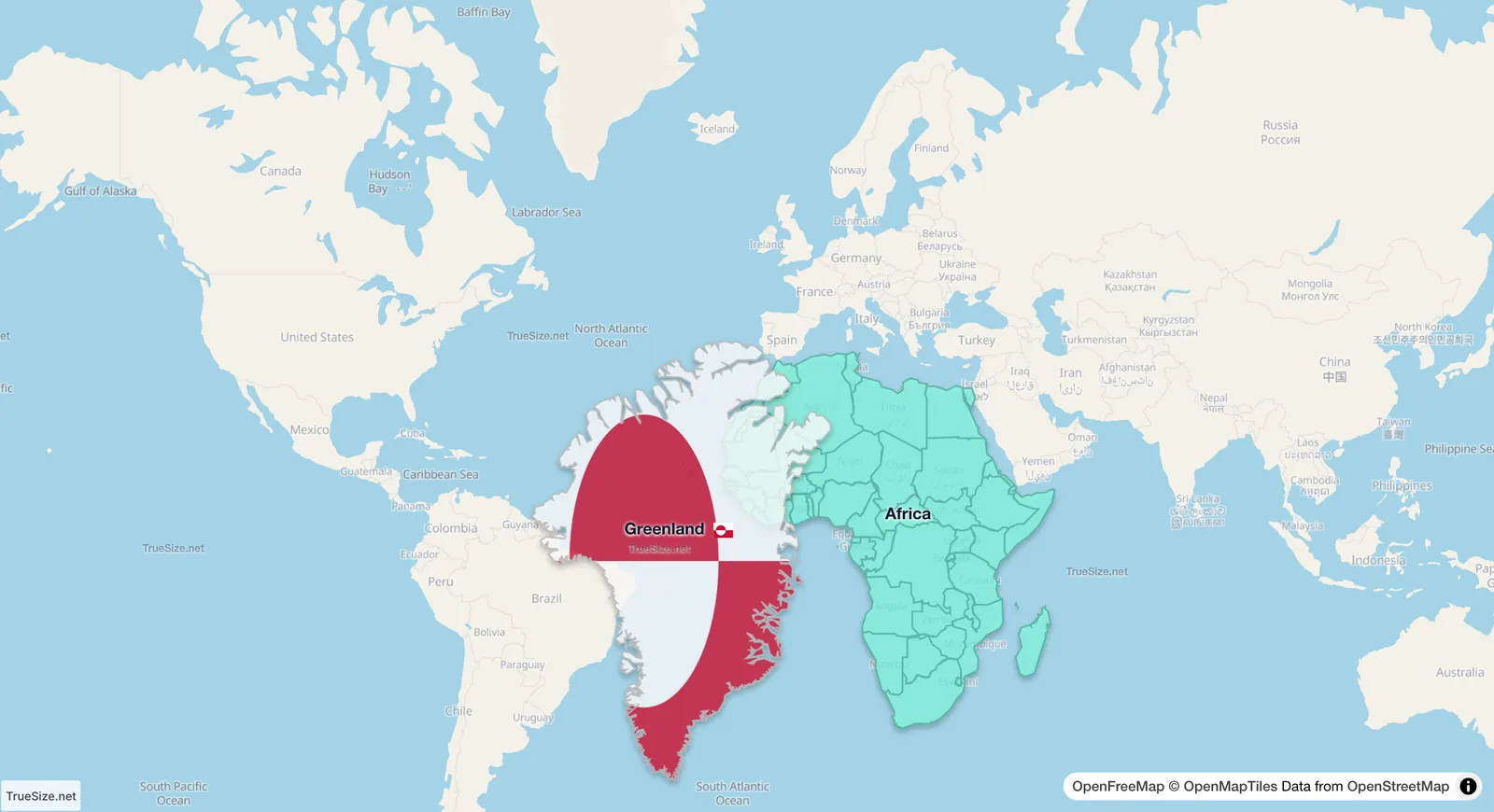 Rajonet me madhësinë e vërtetë të fikur që tregojnë shtrembërimin Mercator në hartën TrueSize