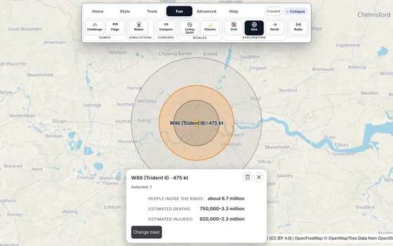 Həqiqi ölçüdə bir şəhər üzərində nüvə partlayışının radius dairələri