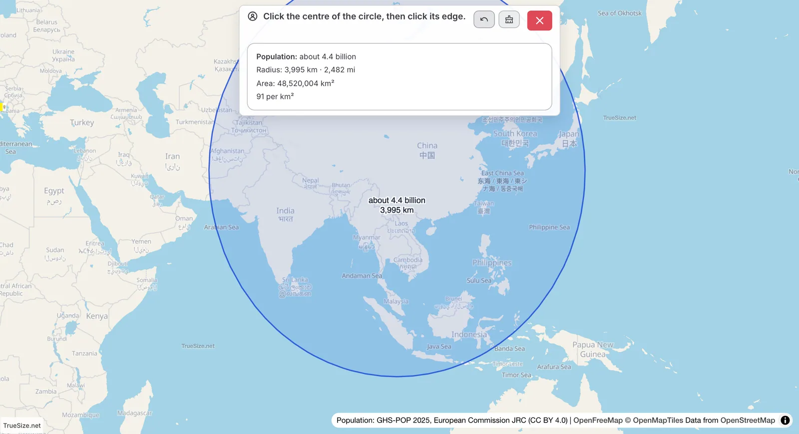 A circle on the map with the number of people living inside it shown by the population radius tool