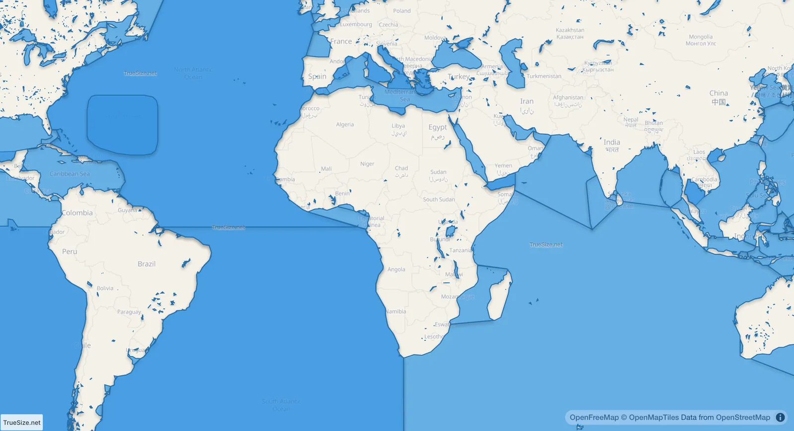Tots els llacs, mars i badies carregats al mapa de TrueSize a la seva mida real