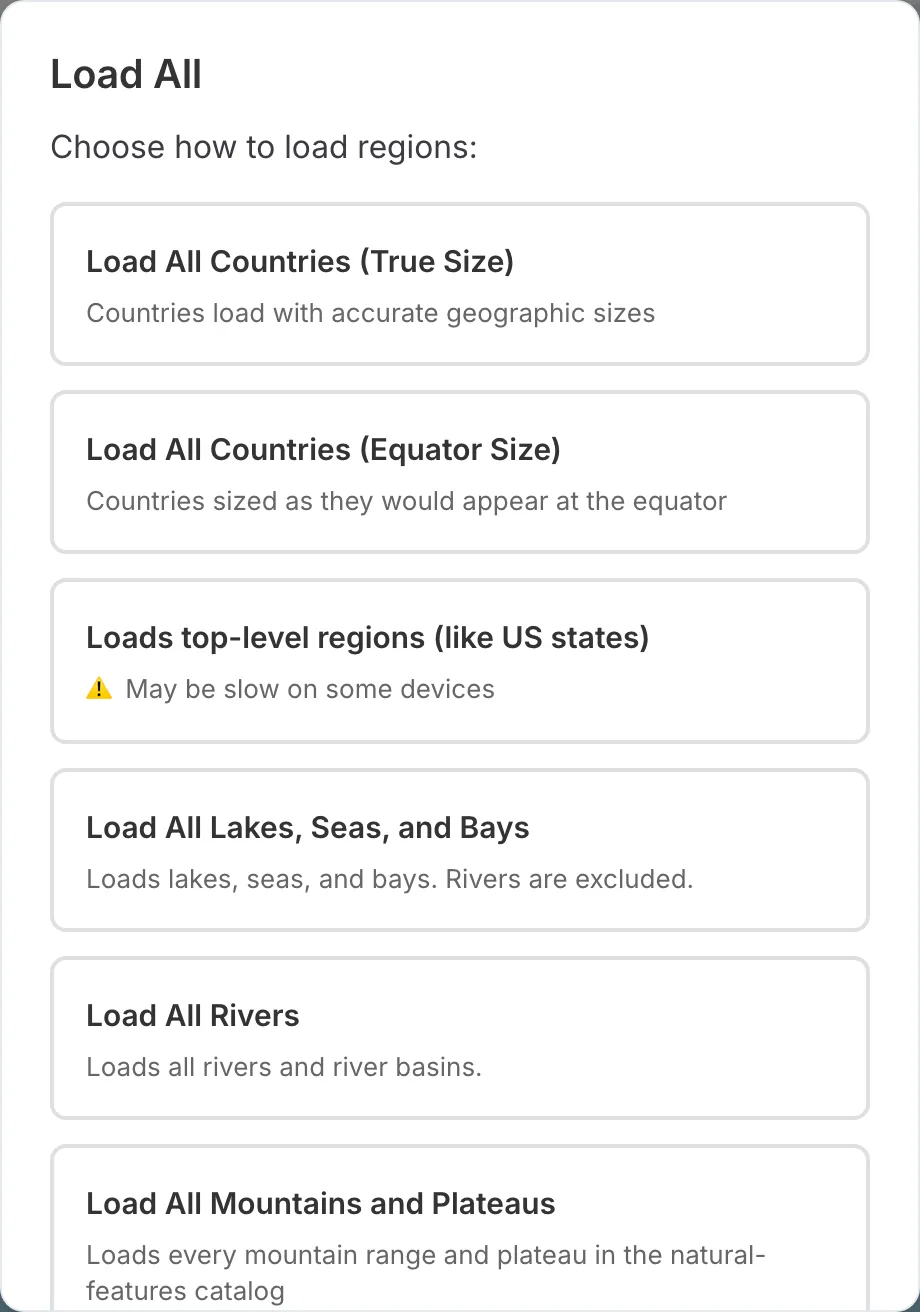El diàleg Carregar-ho Tot a TrueSize que enumera grups de regions per carregar alhora