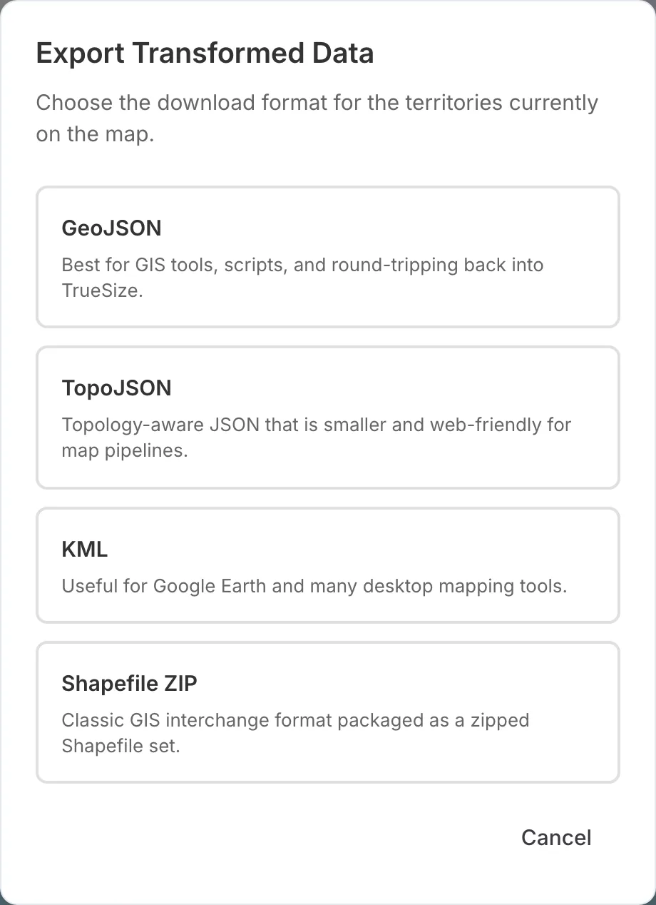 پنجره گفتگوی صادر کردن در TrueSize که دانلودهای GeoJSON، TopoJSON، KML و فایل فشرده Shapefile را ارائه میدهد