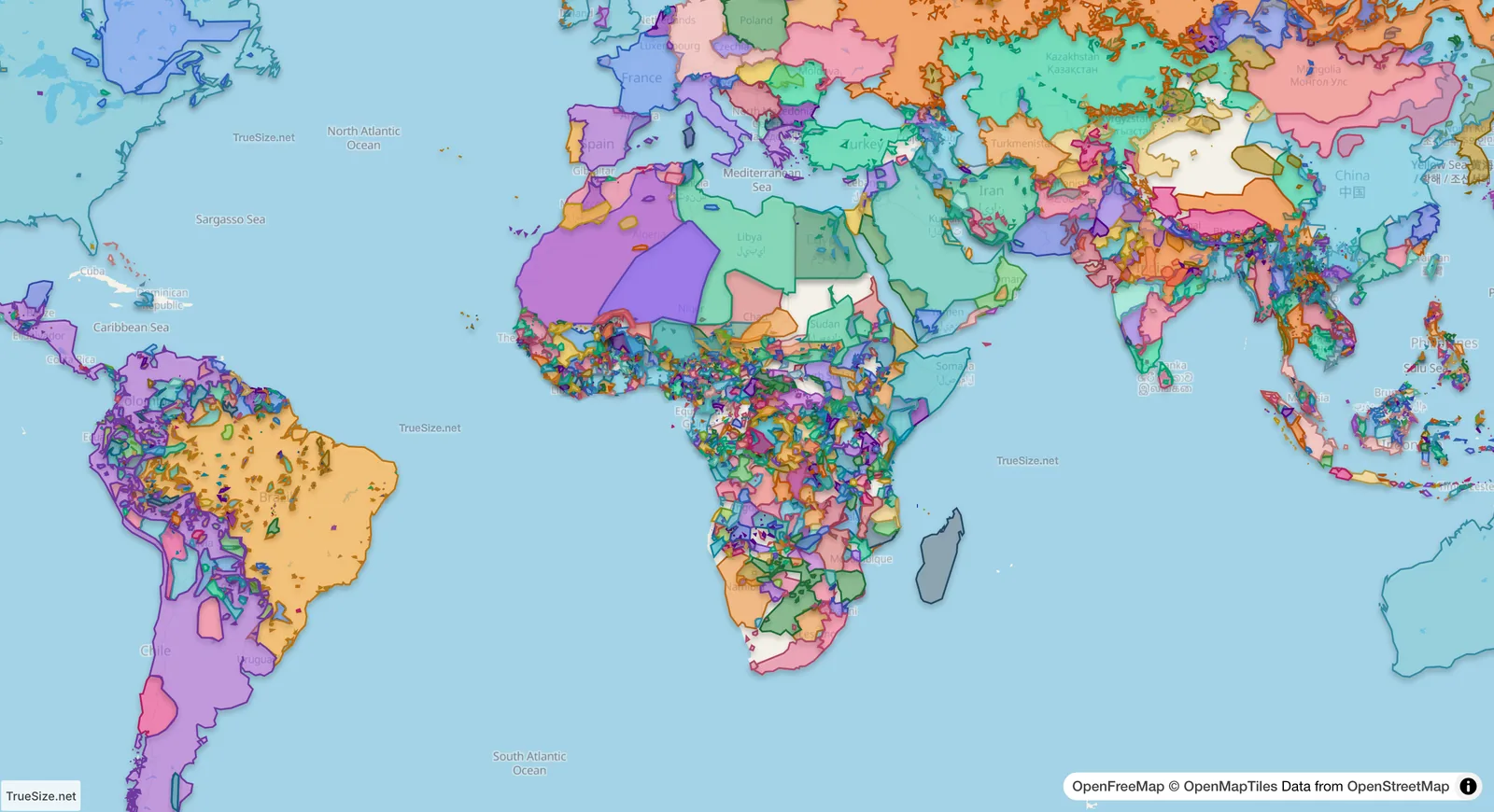 World languages map with every language area loaded in TrueSize