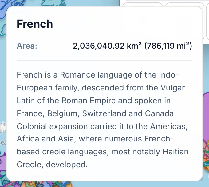 Info card of one language on the TrueSize world languages map