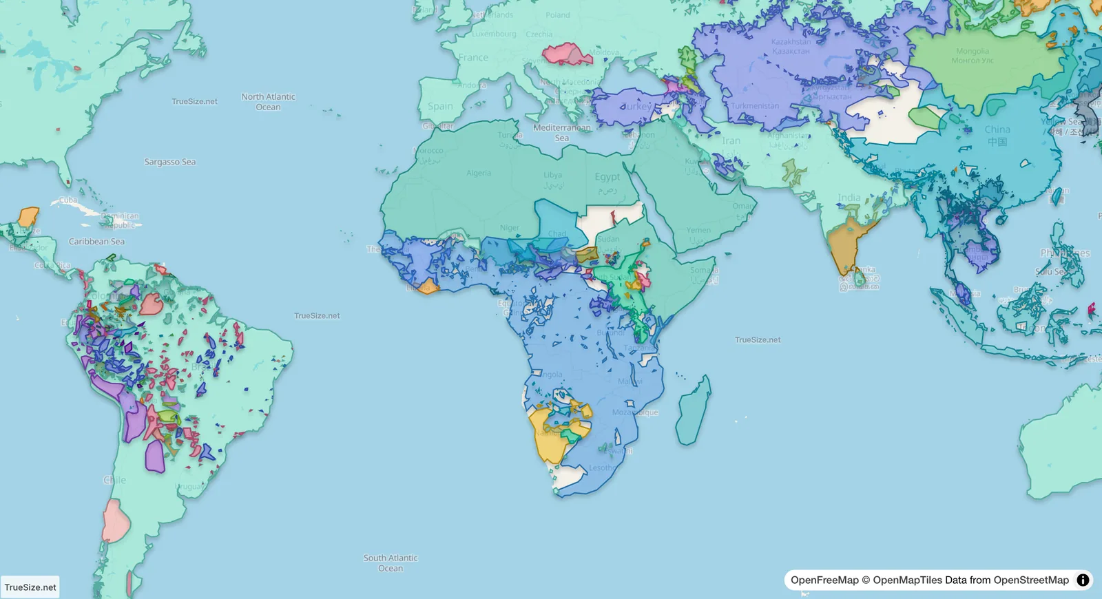World languages map showing all language families loaded in TrueSize