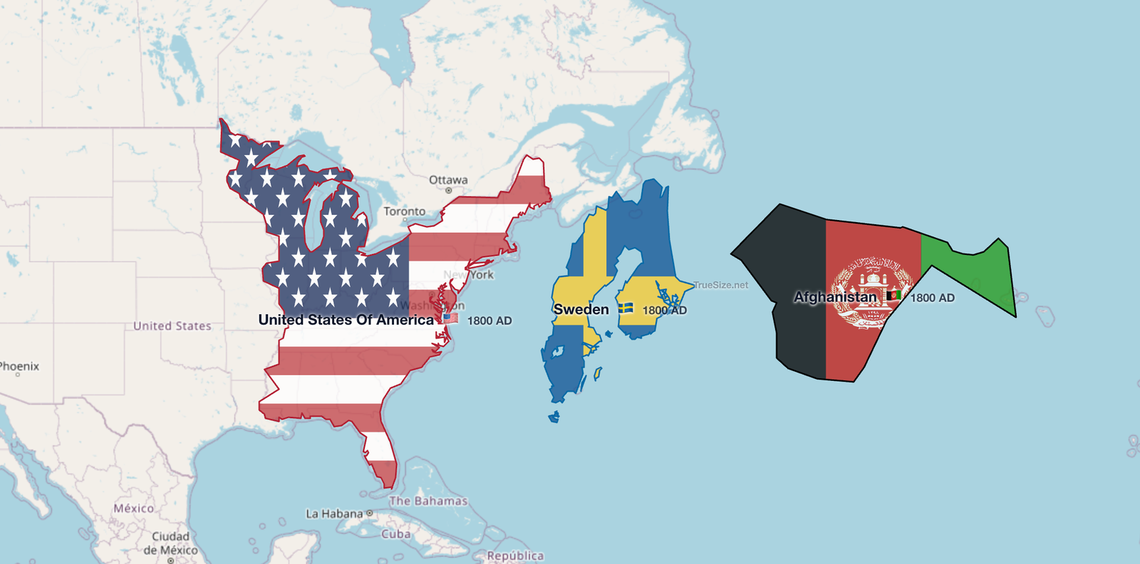 Historické mapové porovnání ukazující USA, Švédsko a Afghánistán v roce 1800 ve skutečných velikostech