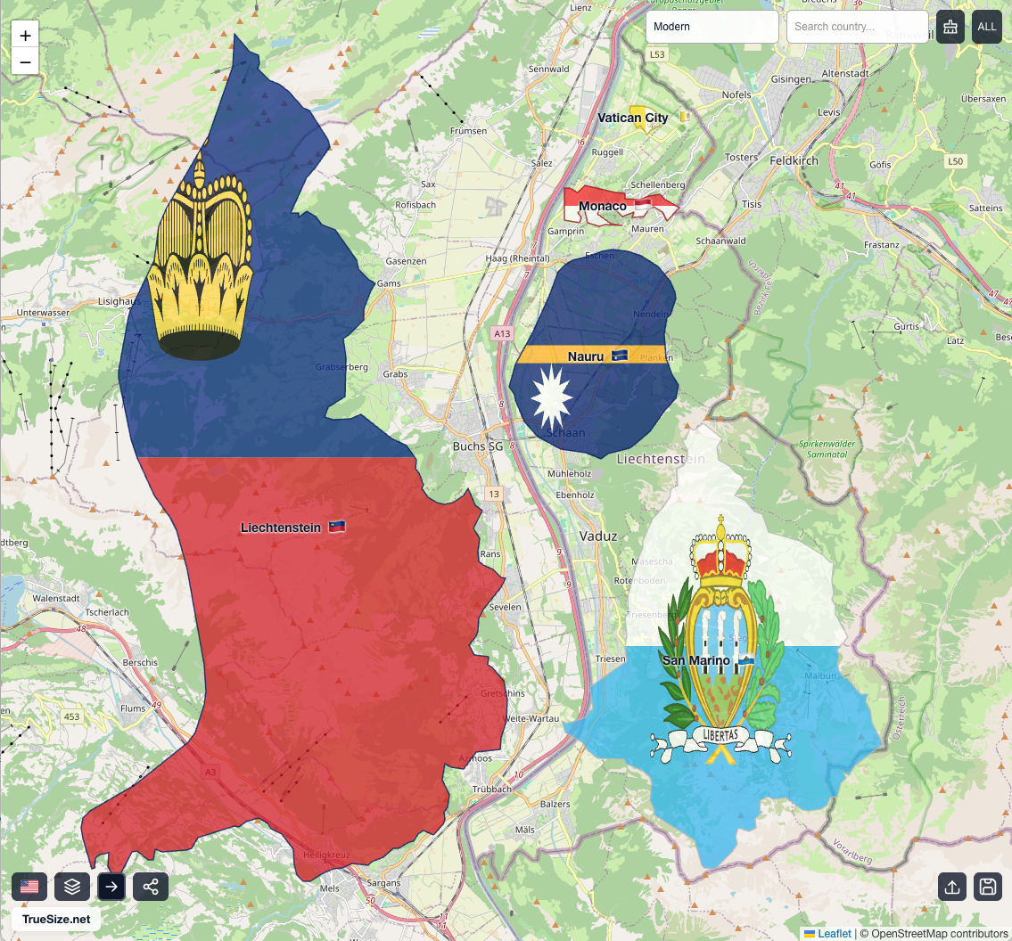 Porovnání velikosti 6 nejmenších zemí světa - všechny se vejdou do Lichtenštejnska