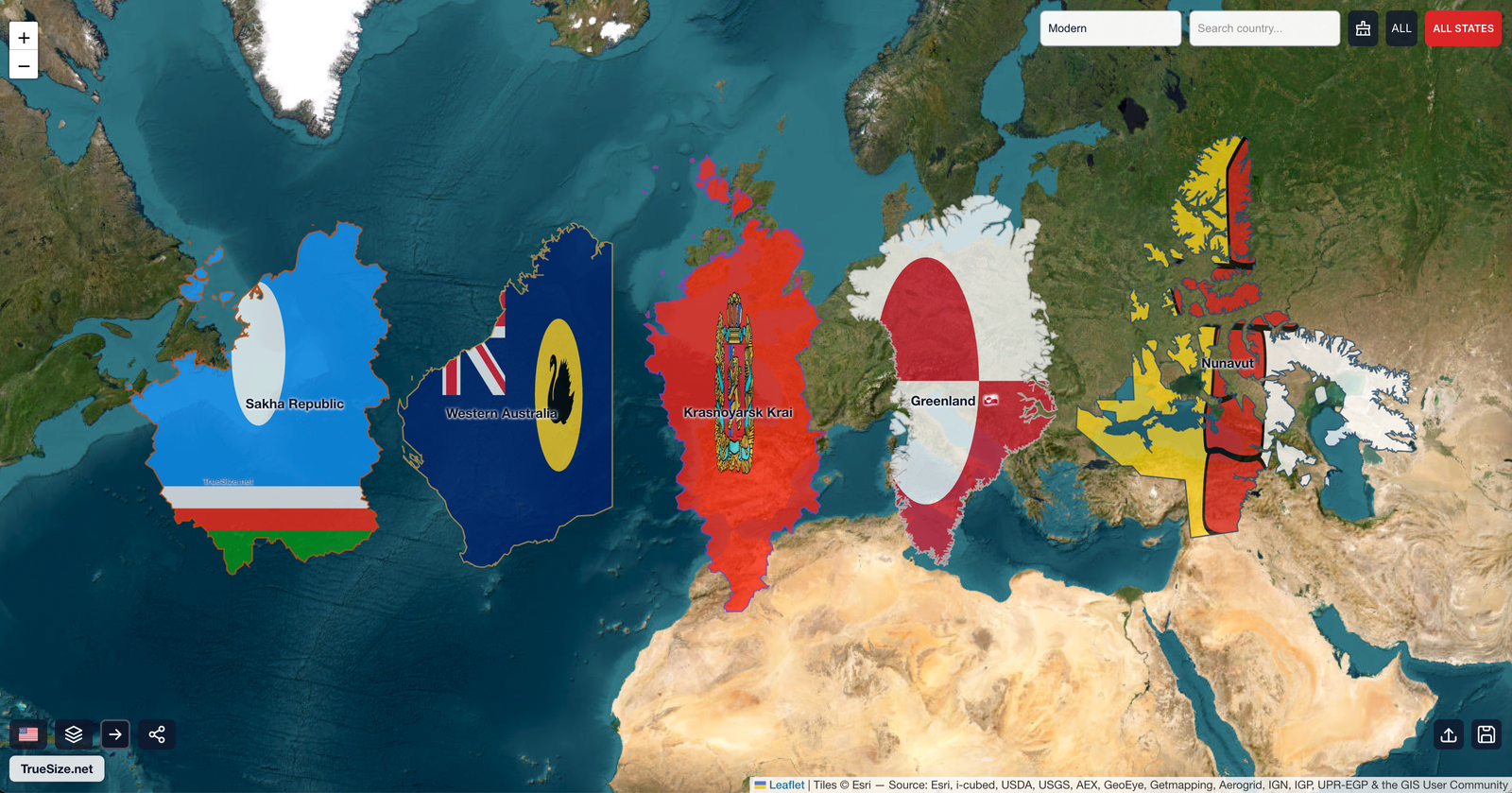 Porovnání 5 největších subnárodních regionů - Sacha, Západní Austrálie, Krasnojarský kraj, Grónsko, Nunavut