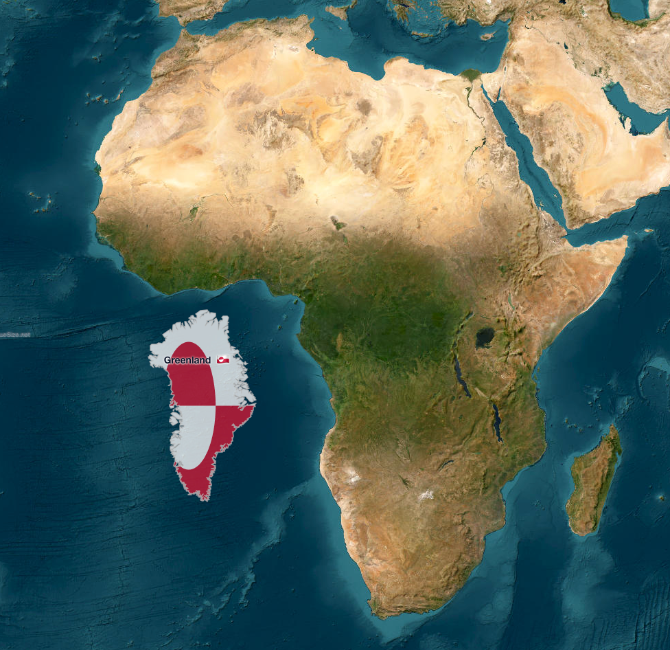 Grónsko ve srovnání s Afrikou ukazující skutečný rozdíl ve velikosti - Afrika je 14krát větší