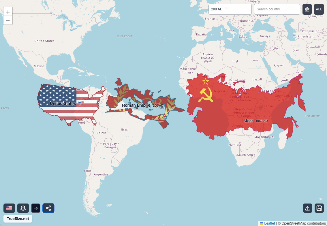 Porovnání napříč érami - USA (moderní), SSSR (60. léta) a Římská říše (200 n. l.) ve skutečných velikostech