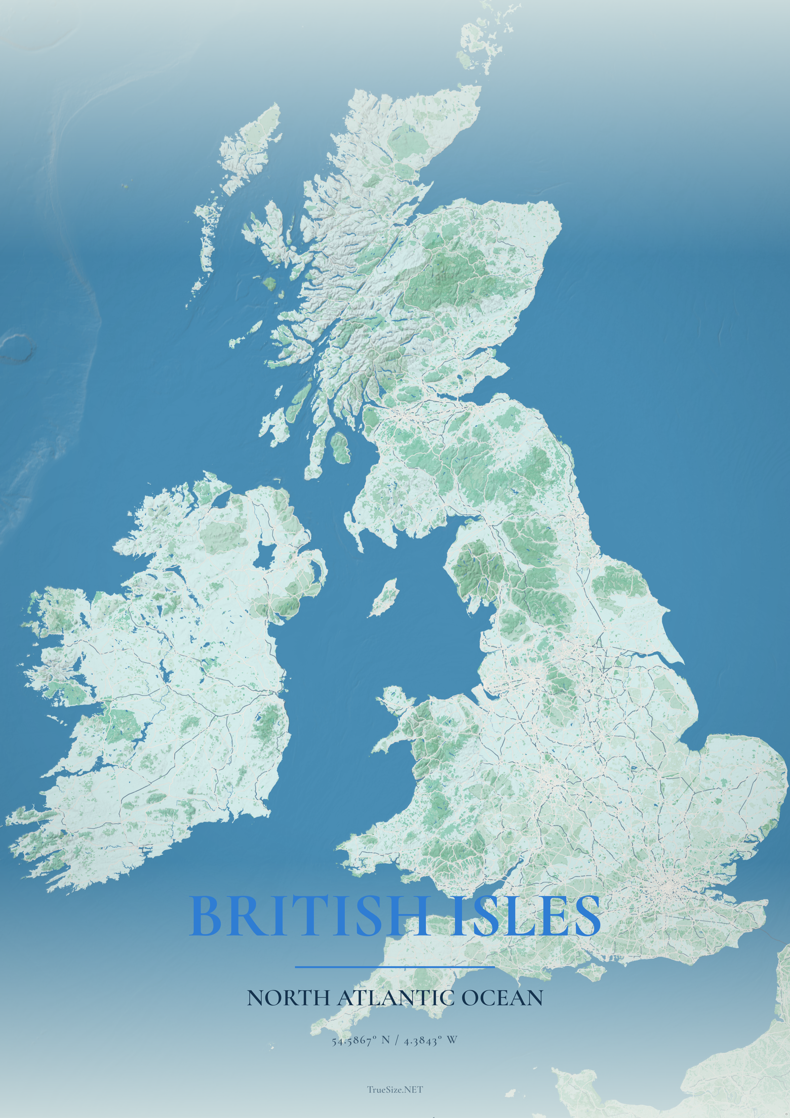 Poster de mapa das Ilhas Britânicas e Oceano Atlântico Norte para impressão