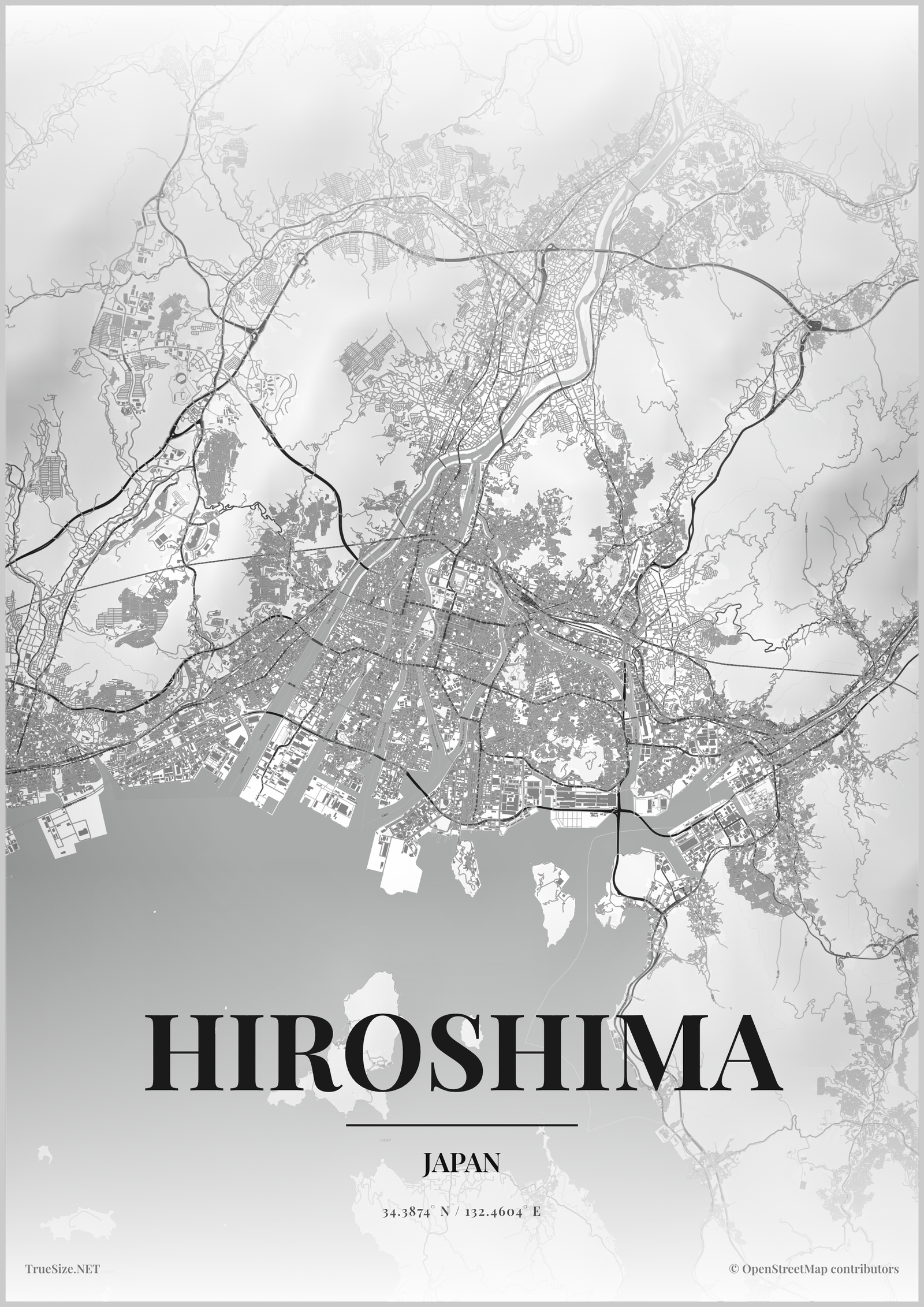 Poster de mapa de Hiroshima, Japão para impressão