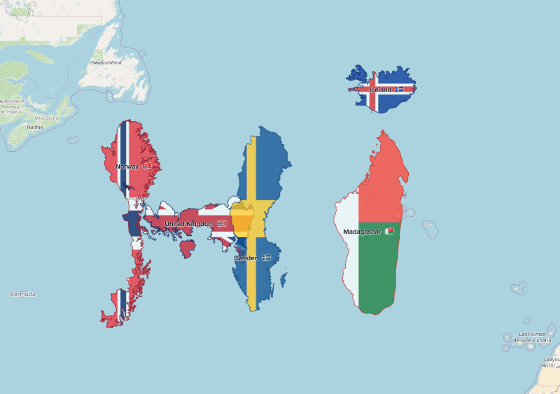 Interface preview of TrueSize showing selected countries on the map