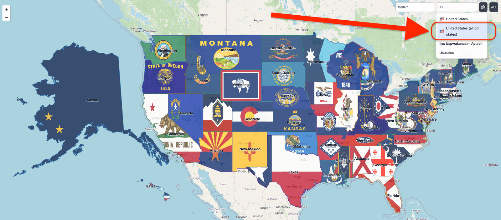 มุมมองแผนที่แสดงรัฐทั้ง 50 รัฐของสหรัฐฯ ที่โหลดแยกกัน