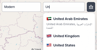 Panel vyhľadávania a zoznam krajín s výberom časového obdobia