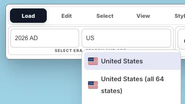 Search panel and list of countries with time period selector
